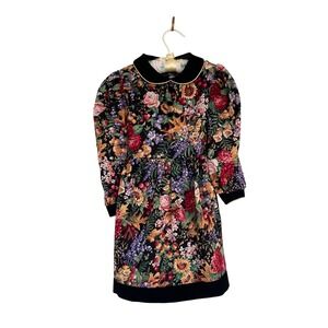 VTG Little Star Girls Dress Floral Velvet Collar Puff Sleeve Vintage Size 7